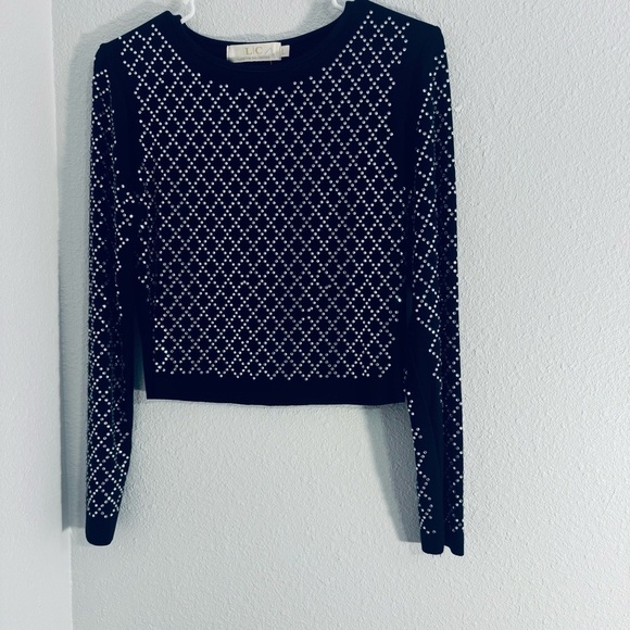 lizette collection Tops - Black Stretch Long Sleeve Rhinestone Embellished Crop Top Size Large​​​